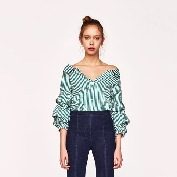 Zara Tops - NWT Zara Green White Striped Open Neck Button Down